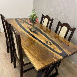 Masă din lemn de nuc și rășină epoxidică neagră – 180x90, picioare metalice