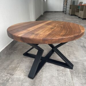 Masă rotundă de cafea din lemn de nuc – diametru 80 cm, picioare metalice vopsite electrostatic