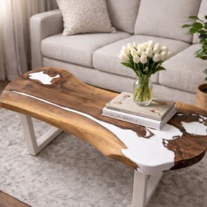 Masă de cafea din nuc masiv cu rășină albă – design premium, model unicat 127 cm