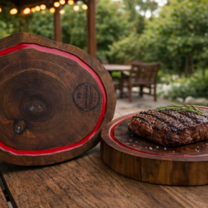 **Rondică din Lemn de Nuc cu Rășină Roșie – 26x21x5 cm**