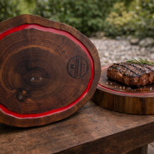 🥩 **Rondea din Lemn de Nuc pentru Burger & Steak – 23x20x5 cm**