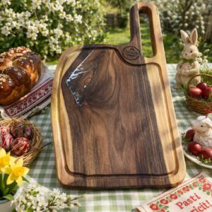 Tocător / Platou de Servire din Lemn de Nuc cu Rășină Albă – Mâner Lung – 63x33 cm