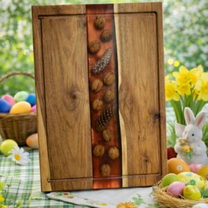 Tocător din nuc cu rășină epoxidică și inserții naturale – 50x35 cm – unicat