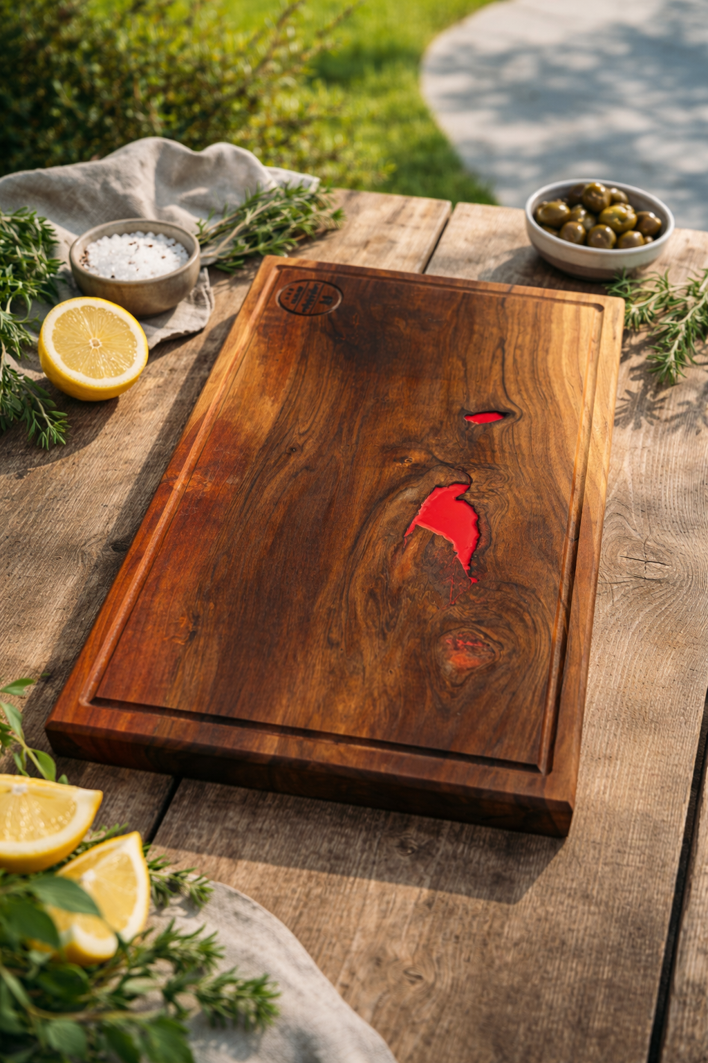 Platou din Lemn de Nuc cu Inserții Rășină Roșie – 45x30x4 cm