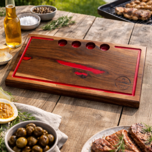 Platou din Lemn de Nuc cu Rășină Roșie și Suport Shot-uri – 45x23x4,5 cm