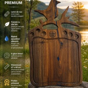 Tocător premium din nuc cu rășină epoxidică albastră și 6 locașuri pentru shot-uri – 67x40 cm