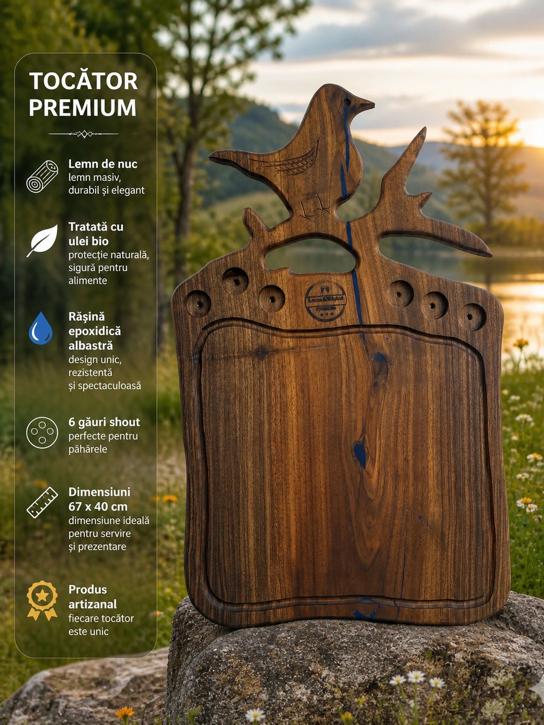 Tocător premium din nuc cu rășină epoxidică albastră și 6 locașuri pentru shot-uri – 67x40 cm