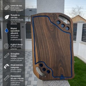 Tocător lemn nuc cu rășină epoxidică albastră 65x40 cm – 6 găuri shot, scurgător lichide, mânere integrate