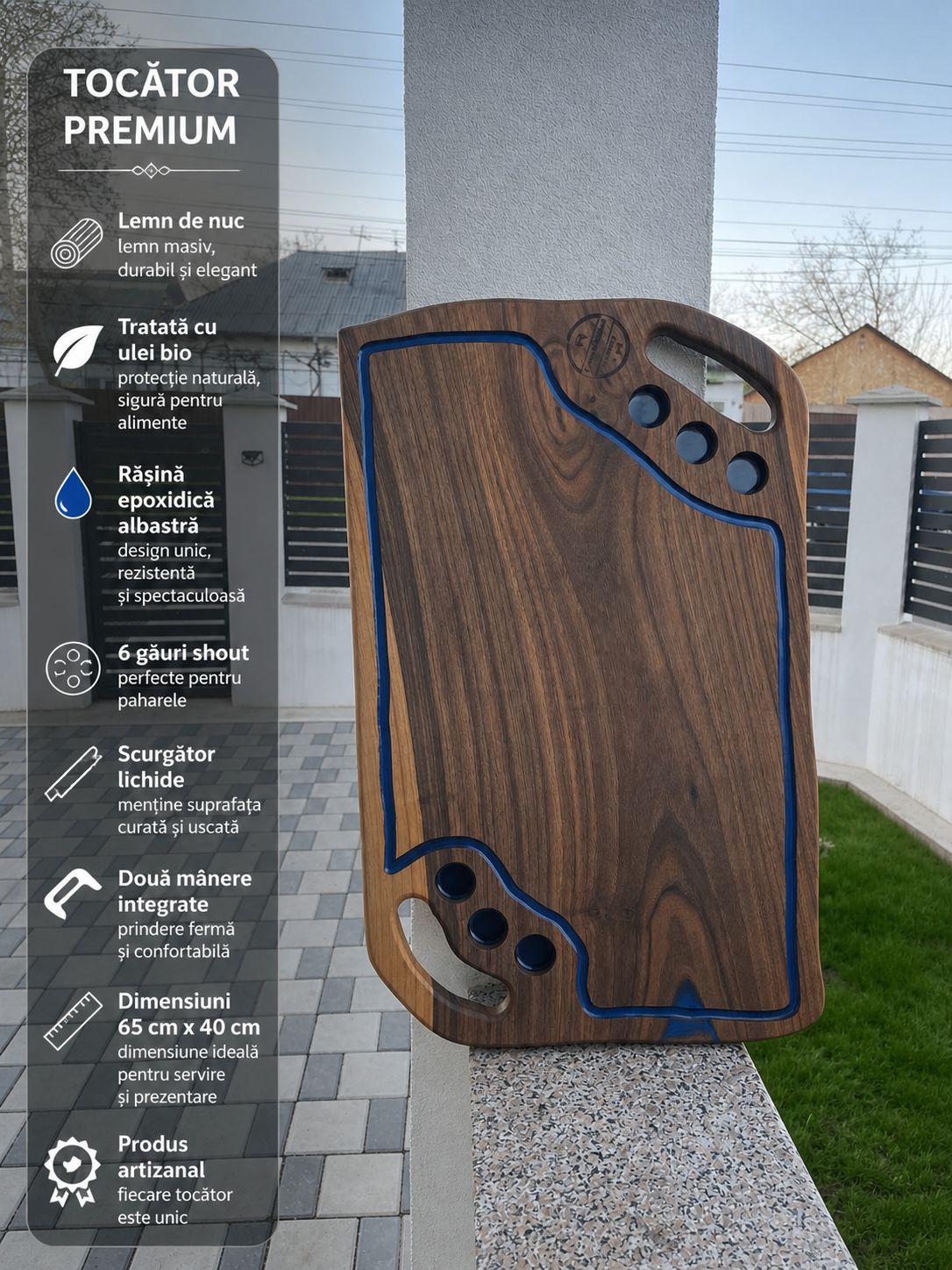 Tocător lemn nuc cu rășină epoxidică albastră 65x40 cm – 6 găuri shot, scurgător lichide, mânere integrate - imagine 6
