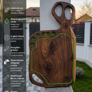 Tocător lemn nuc cu rășină epoxidică verde 80x40 cm – 6 găuri shot, scurgător grăsimi, mânere integrate rustice
