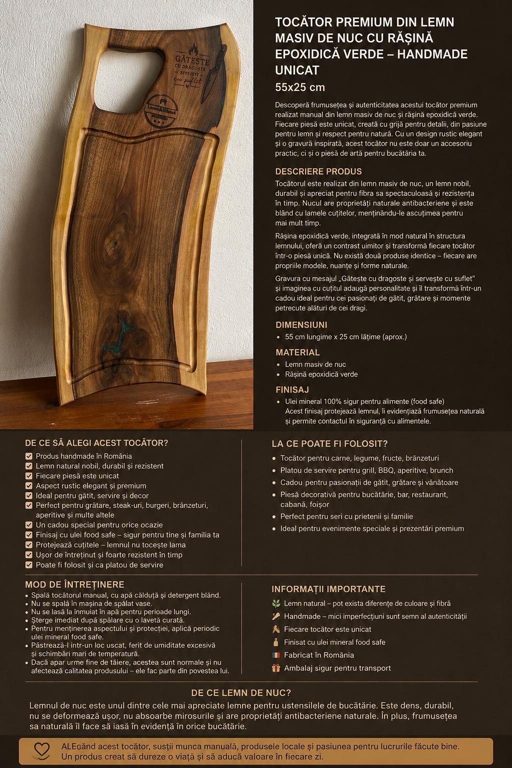 Tocător Premium Handmade din Lemn Masiv de Nuc cu Rășină Epoxidică Verde – 55x25 cm - imagine 5
