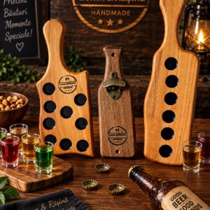 Set 2 Tăvițe pentru Shot-uri + Desfăcător de Bere din Lemn
