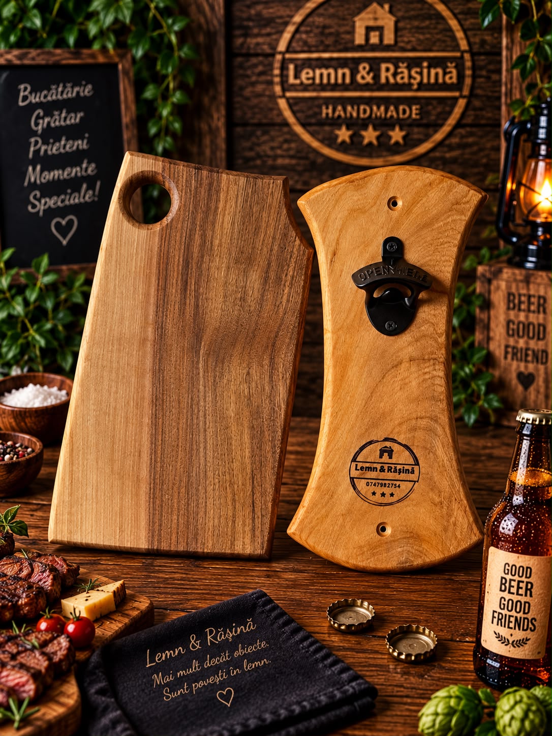 Set Tocător din Lemn + Desfăcător de Bere Handmade - imagine 3
